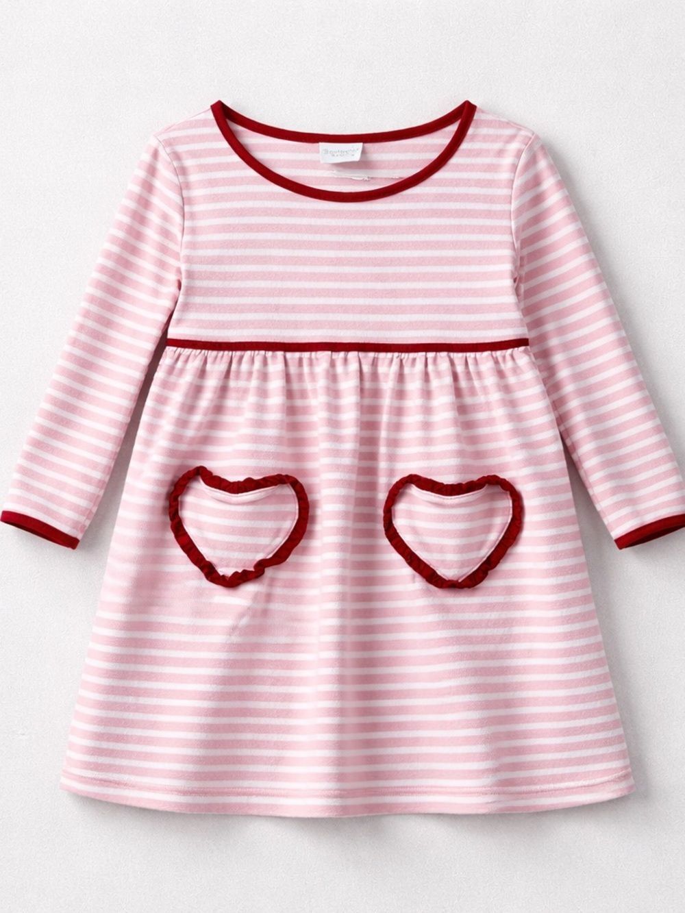 Squiggles by Charlie pink and white stripe long sleeve dress with heart pockets